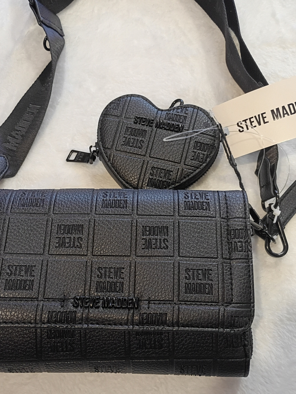 Steve Madden Black Quilted Crossbody with Heart Coin Pouch